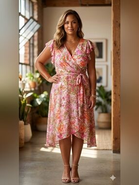 DKNY Pink Floral Wrap High-Low Lightweight Dress Women's Sz 14, 18, & 22 NWT